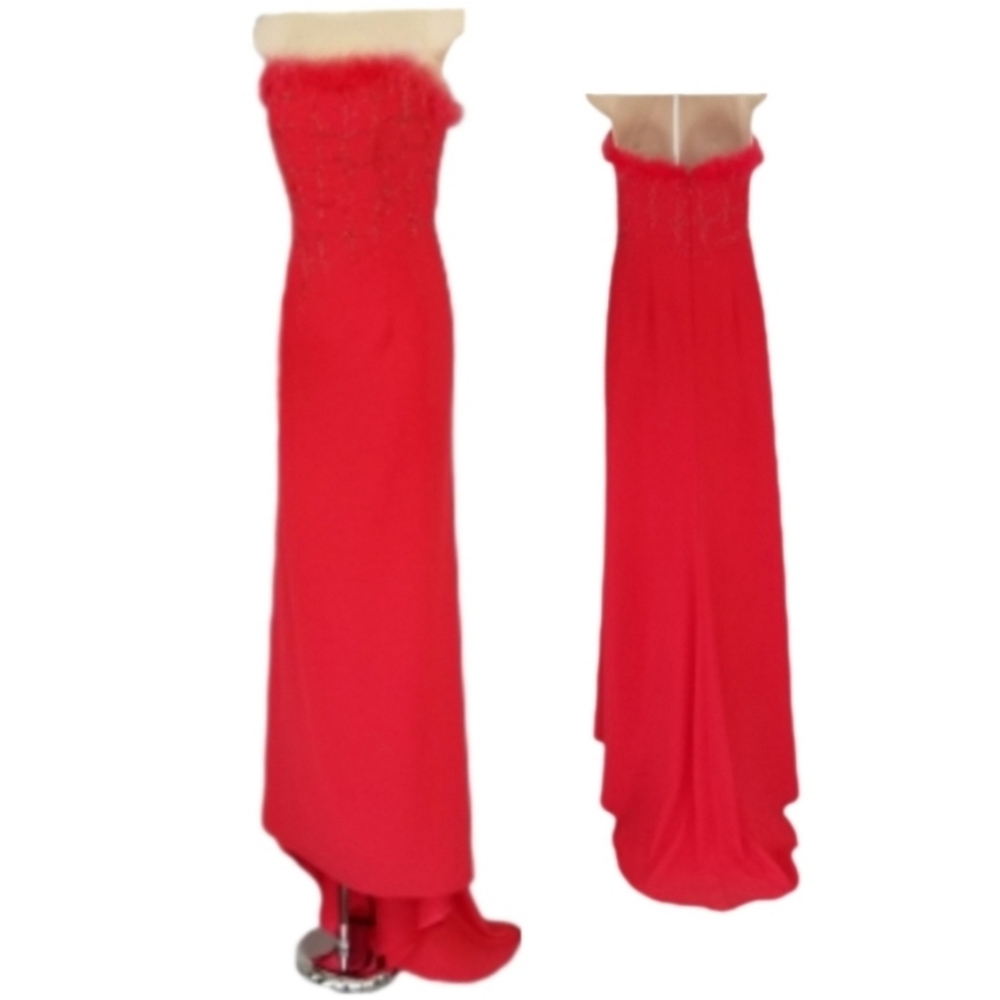 Precious Formals Dress Feather Trim Strap L ess Maxi Pink Size 4